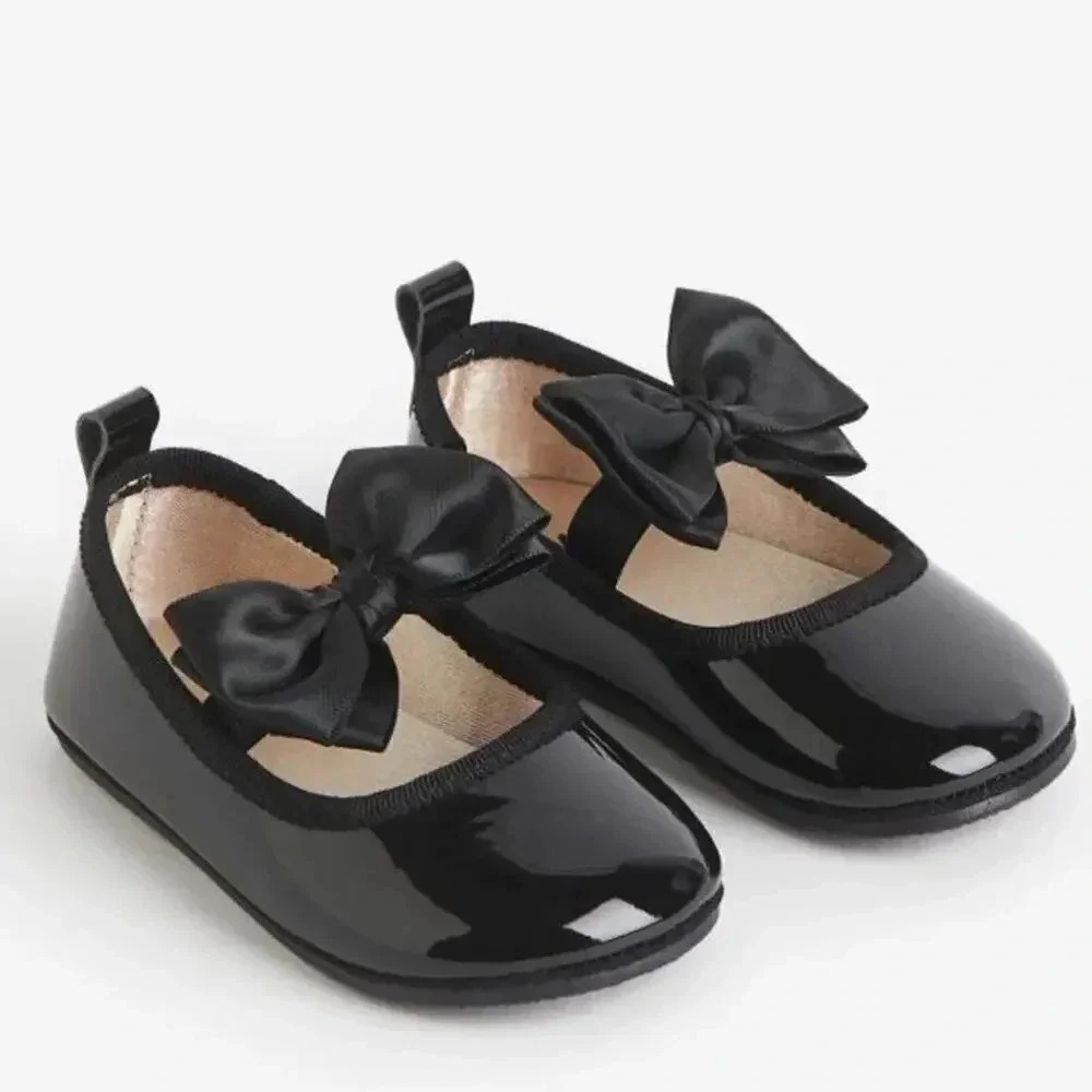 H&M ballet flats toddler girl baby black dress up shoes bows satin shiny
